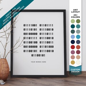 Puede incluir: Un p&oacute;ster enmarcado en negro con fondo blanco y texto negro. El texto es una serie de n&uacute;meros de c&oacute;digo binario. El p&oacute;ster tiene el texto "YOUR WORDS HERE" en la parte inferior. El p&oacute;ster est&aacute; sobre una superficie de madera con un jarr&oacute;n y ramas en primer plano. El p&oacute;ster est&aacute; al lado de una paleta de colores con m&aacute;s de 45 colores.