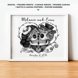 Personalized Day Of The Dead Poster Sign Framed Canvas Wall Art Couple Prints Custom Wedding Anniversary Skeleton Art Engaged Married Poster