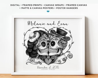 Personalized Day Of The Dead Poster Sign Framed Canvas Wall Art Couple Prints Custom Wedding Anniversary Skeleton Art Engaged Married Poster