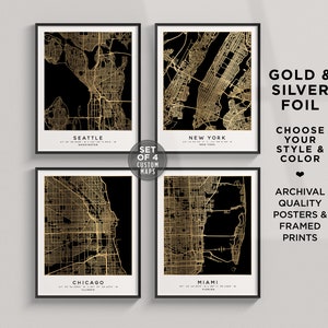 Personalized Set Of 4 City Map Prints Home Town Poster Wall Art Sign Framed Custom City Map Foil Print City Maps Any Location Street Maps
