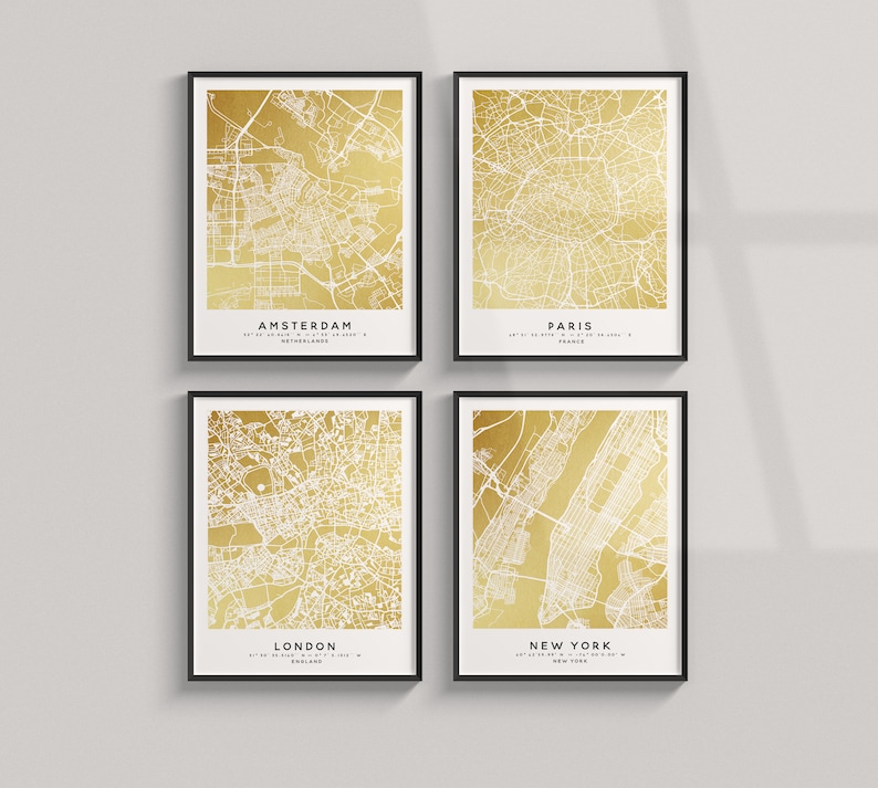 City Map Frame Set of 4 Custom City Map Foil Prints, Personalized Home Decor - Etsy