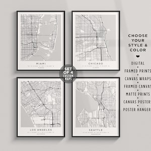 Conjunto personalizado de 4 impressões de mapa da cidade, pôster de arte de parede, emoldurado, mapa de cidade personalizado, pôster de tela, mapa personalizado, sinal de mapa de presente personalizado