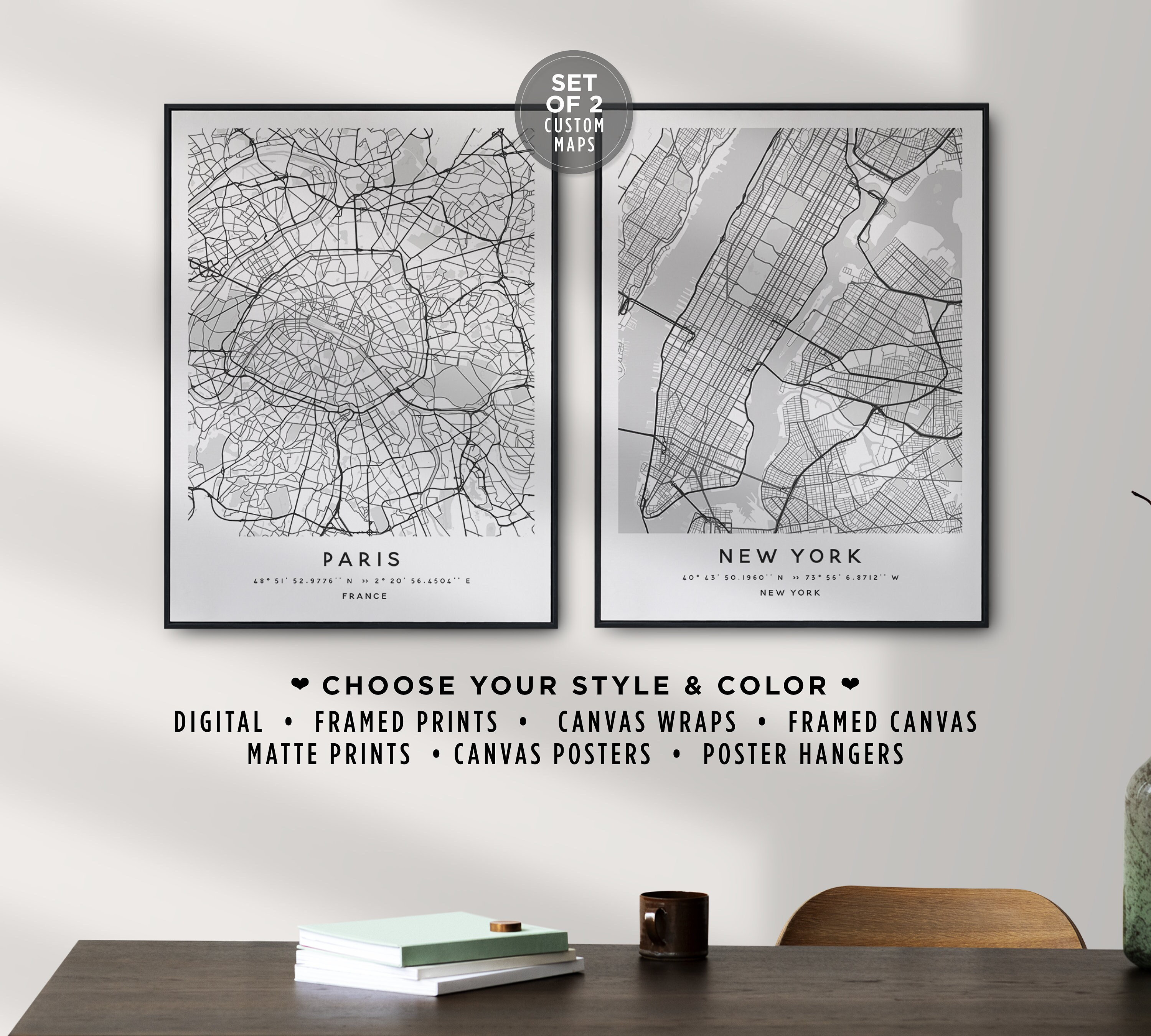 Personalized Set Of 2 City Map Prints Home Town Poster Wall Art Sign Framed Custom City Map Canvas Poster Custom Map customized  Map Sign