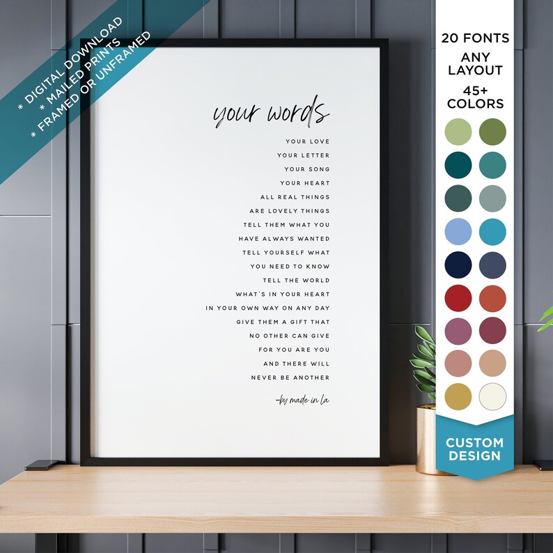 Custom Poem Print Wall Art Framed Custom Quote Frame Letter Print Frame Quote Personalized Poem Song Lyrics Print Custom Quote Print