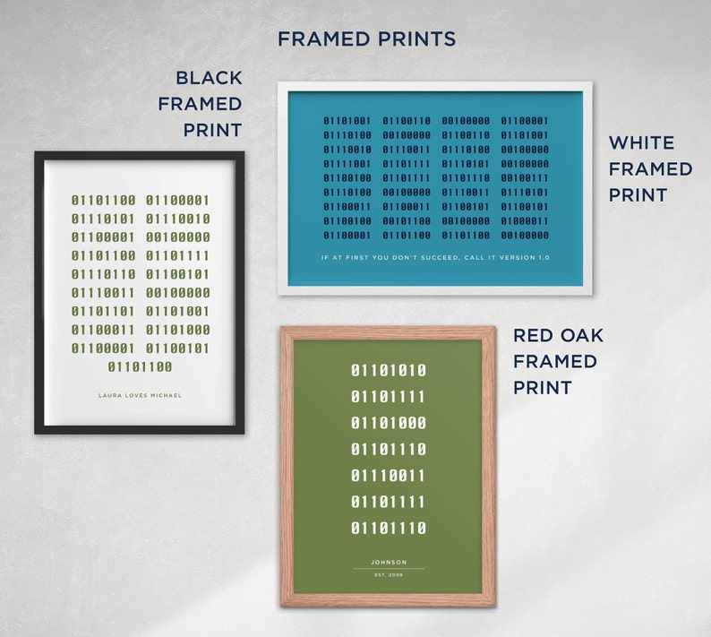 Puede incluir: Tres impresiones enmarcadas con marcos de diferentes colores. La impresi&oacute;n de la izquierda tiene un marco negro y presenta un patr&oacute;n de c&oacute;digo binario con el texto "LAURA LOVES MICHAEL". La impresi&oacute;n del medio tiene un marco blanco y presenta un patr&oacute;n de c&oacute;digo binario con el texto "IF AT FIRST YOU DON'T SUCCEED, CALL IT VERSION 1.0". La impresi&oacute;n de la derecha tiene un marco de roble rojo y presenta un patr&oacute;n de c&oacute;digo binario con el texto "JOHNSON EST. 2009".