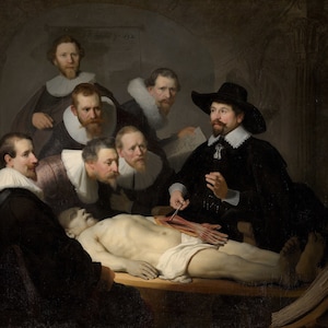 May include: A painting depicting a group of men gathered around a table, observing a dissected body. The scene is lit by a single light source, casting dramatic shadows. The men are dressed in 17th-century attire, and the body is laid out on a table covered in a white cloth. The painting is a depiction of a public anatomy lesson, a popular form of entertainment in the 17th century.