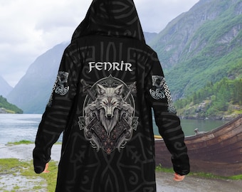 Fenrir Viking Wolf Hooded Cloak, Viking Styled Cape, Viking Warrior Snug Cloak, Viking Style Clothing, Viking Themed Lined Hooded Cape