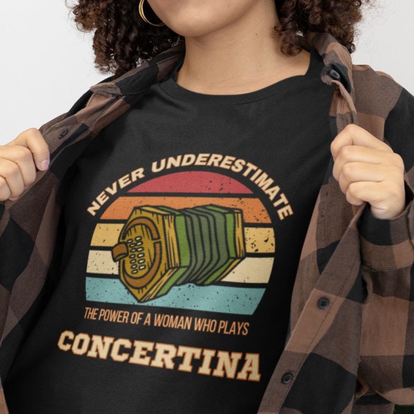 Never Underestimate the Power of a Woman who Plays Concertina Shirt, Concertina Gift for Her, Retro Sunset Concertina Gift  Shirts for Women