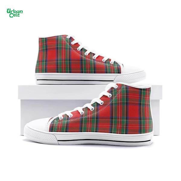 Red & Green Clan Tartan Plaid High Tops, Unisex Tartan Shoes, Tartan Style Footwear, Scottish Clan Tartan Shoe, Custom Tartan Style Sneakers