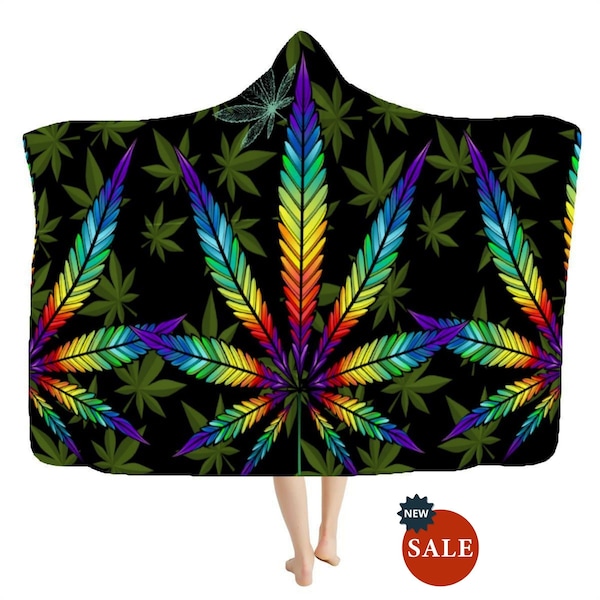 Cannabis Leaves Hooded Blanket, Custom Weed Blanket, Cannabis Graphic Throw, THC Hooded Blanket, Chunky Blanket, Wearable Weed Blanket