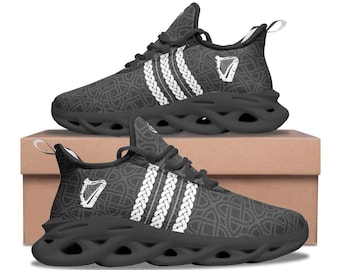 Celtic Irish Style Bounce Mesh Knit Sneakers, Custom Irish Harp Running Shoes, Celtic Knot Irish Pride Black/White Cultural Sports Shoes