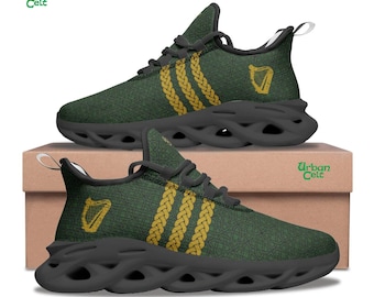 Ireland Premier Green & Gold Trainers with Celtic Knot Style Stripes Irish Harp, Ireland Proud Irish Pride Sneakers, Irish Running Shoes