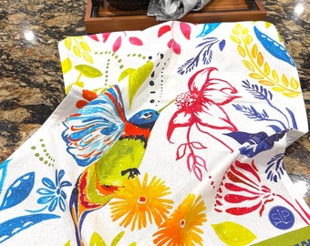 Hummingbird Dish Towel, Tea Towel, Kitchen Towel, Cook's Gift, Wedding Favor, Floral, Artistic, Colorful, Watercolor, Organic Cotton