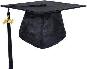 Shiny Black Graduation Cap with Tassel and Gold Year Charm | Blank Grad Cap for DIY Topper | Blank Cap for Customization  | Academic Regalia