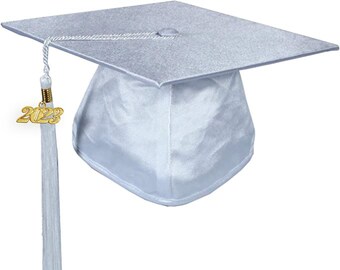 Shiny White Graduation Cap with Tassel and Gold Year Charm | Blank Grad Cap for DIY Topper | Blank Cap for Customization  | Academic Regalia