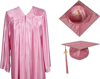 2024 Shiny Pink Cap and Gown w/ Matching Tassel | Sizes 4'6 - 6'11 | Academic Regalia | Associates Bachelors Graduation Gowns