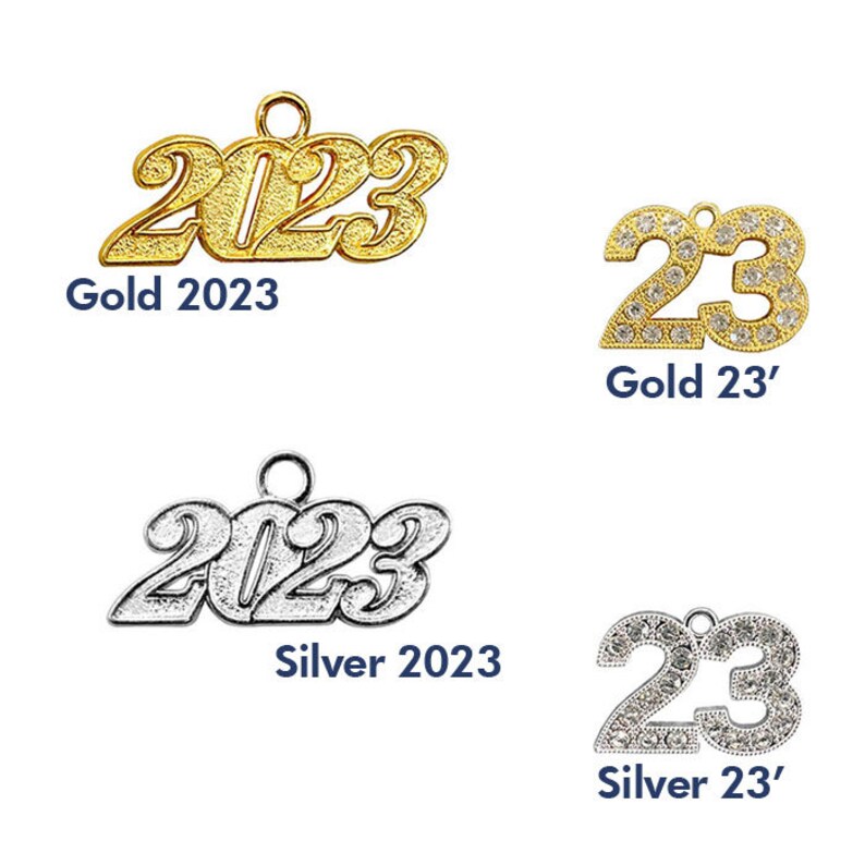 2024 Graduation Tassels w/ Year Charm in Gold or Silver Finish Date Drop 2024 or 2023 14 Colors Available Made to Order image 2