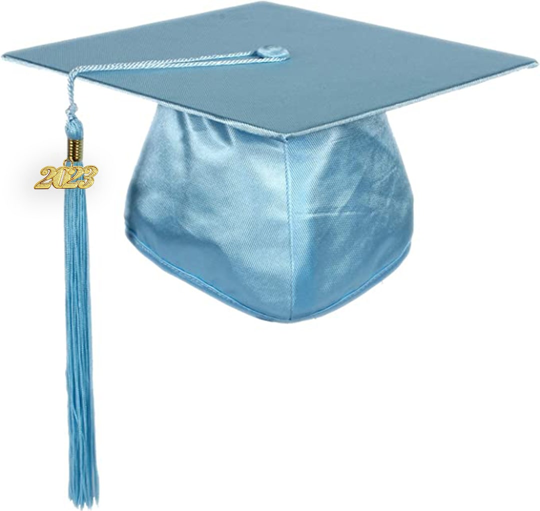 Shiny Light Blue Graduation Cap With Tassel 2024 Date Drop Blank Grad