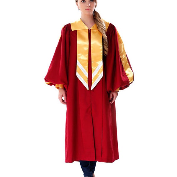 Deluxe Red Choir Robe with Gold Stole Attached and Cuff Sleeves | Sizes 3'0 - 6'11 | Church Choir Gown, School Choir Costume, Religious Robe