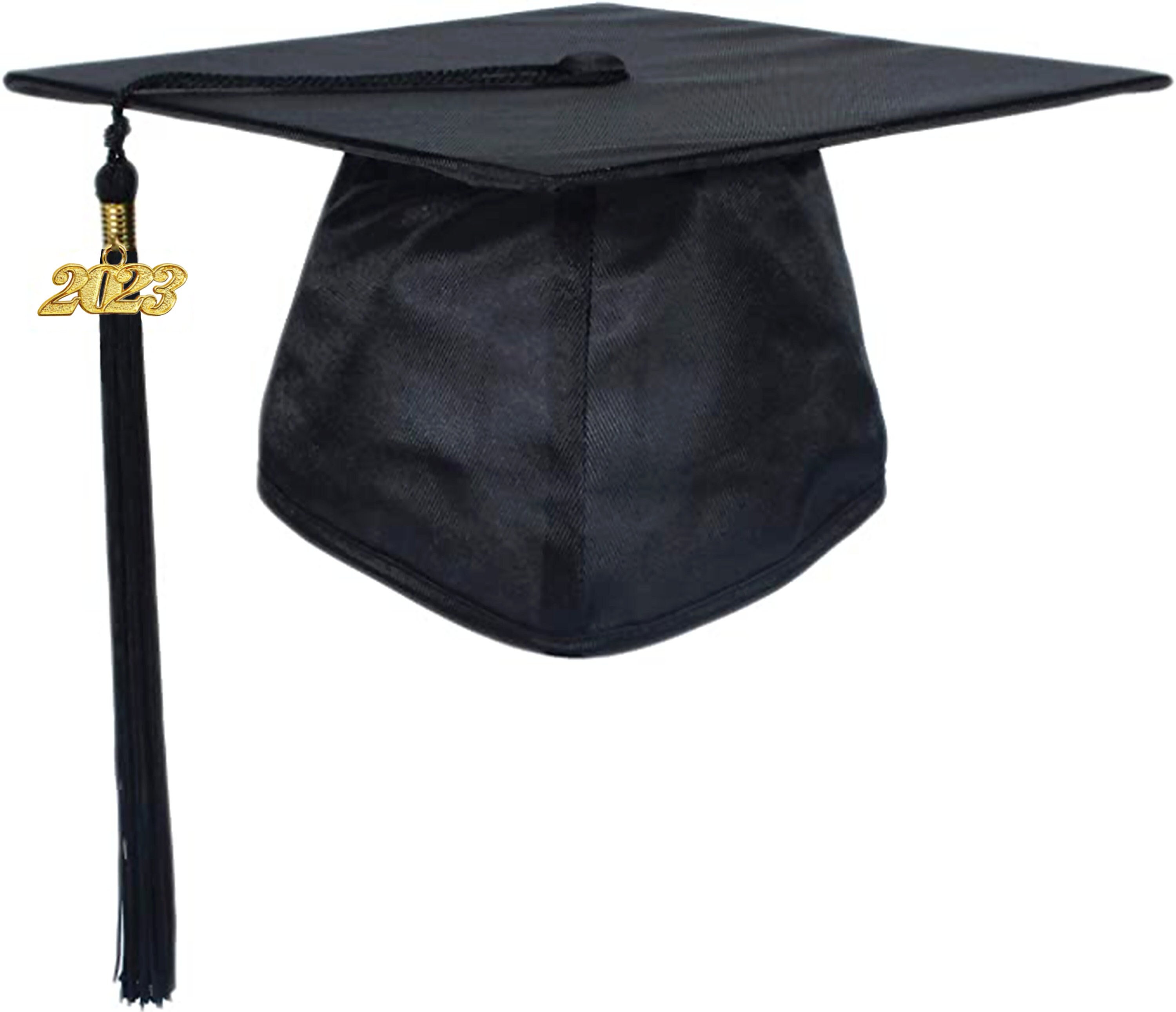 Solid Grad Cap Shiny Black Graduation Cap With Tassel and Gold Year Charm | Blank Grad ...