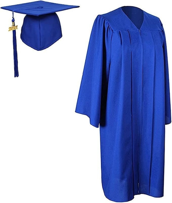 2024 Matte Royal Blue Cap and Gown W/ Matching Tassel Sizes 4'6 6'11  Academic Regalia Associates Bachelors Graduation Gowns 