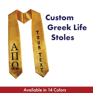 Estolas de satén para graduación de estilo griego personalizadas. Representan a tu hermandad o fraternidad. Disponibles en 14 colores. Estolas de graduación puntiagudas.