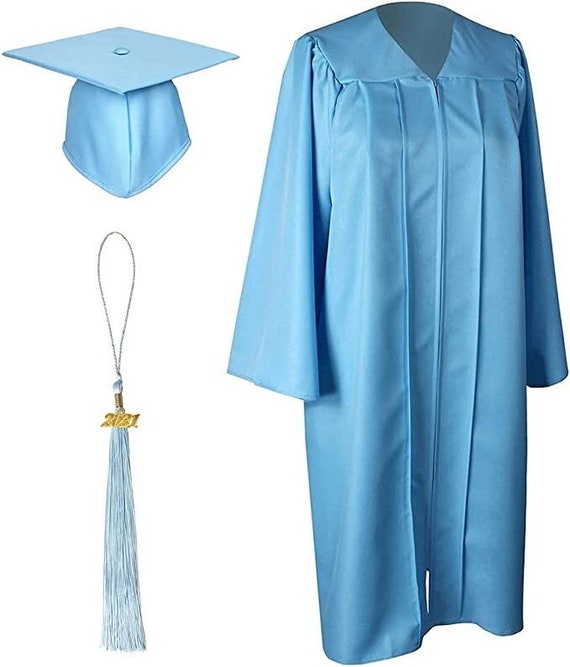 2024 Matte Sky Blue Cap and Gown W/ Matching Tassel Sizes 4'6 6'11