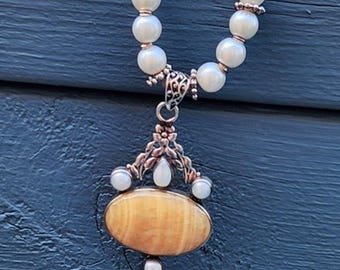 Yellow Jasper Sterling Silver Necklace, Freshwater Pearl Pendant, Filigree Jewelry