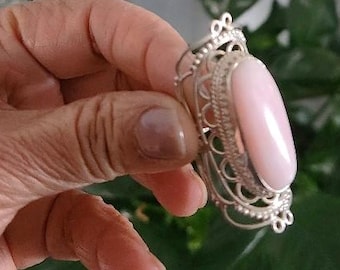 Pink Opal Sterling Silver Ring, Filigree Gemstone, Size 6