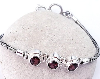 Sterling Silver Bali Chain Garnet Bracelet, Dark Red Gemstone Toggle Clasp