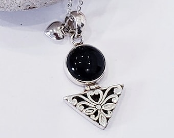 Black Agate Sterling Silver Necklace, Filigree Gemstone Pendant