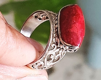 Red Coral Sterling Silver Ring, Bali Filigree Gemstone Jewelry