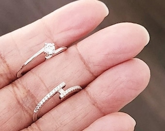 Sterling Silver CZ Double Ring, Dainty Stacking Ring, Size 8