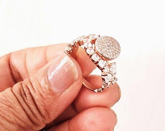 Rose Gold Crescent Halo Ring, Sterling Silver, QZ Diamond Cluster
