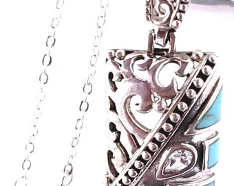 Turquoise Sterling Silver Pendant Necklace, Bali Filigree, Box Chain