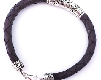 Braided Leather Bali Bracelet, Sterling Silver Clasp