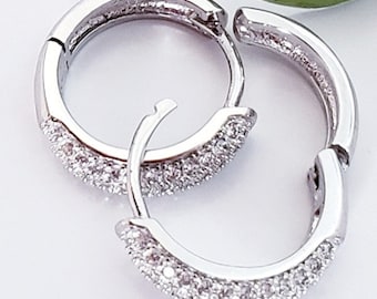 Sterling Silver Huggie Hoop Earrings, Cubic Zirconia Paved