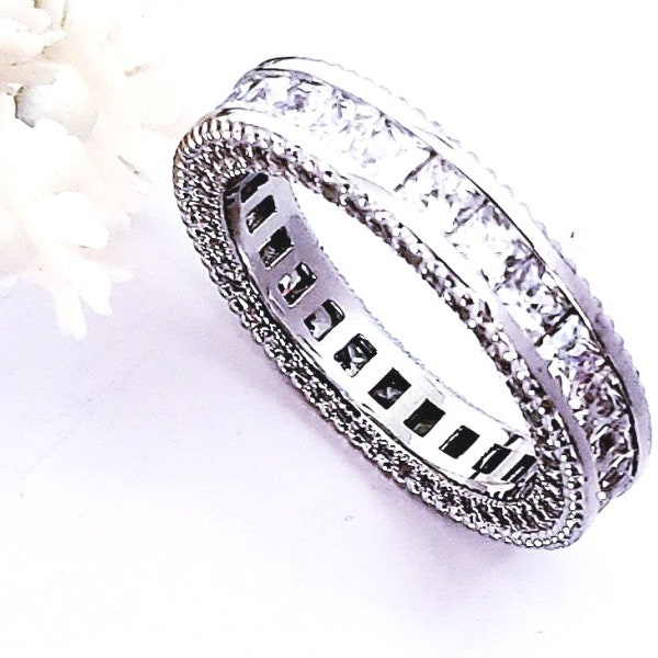 Sterling silver Unisex wedding band, Moissanite band, Cubic zirconia silver ring, Eternity ring, Tungsten wedding band ,