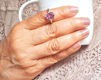Amethyst Gemstone Ring, 925 Sterling Silver, Faceted Cut, Size 8