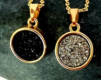 Gold Plated Sterling Silver Druzy Pendant Necklace, Black & Gray, 20"