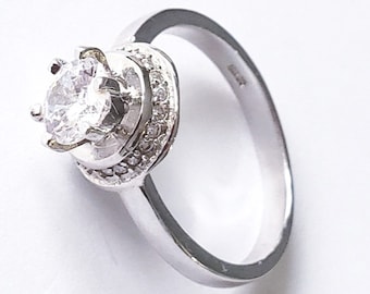 Sterling Silver Cubic Zirconia Ring, Dainty Round Statement Ring