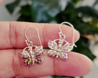 Sterling Silver Butterfly Dangle Earrings, Colorful Nature Gift