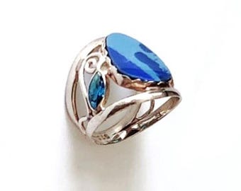Blue Opal Sterling Silver Ring, Boho Art Piece, Size 7.5