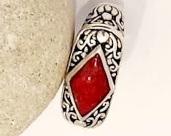 Sterling Silver Coral Ring, Balinese Diamond Shape, Boho Jewelry