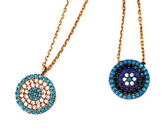 Tiny Turquoise Evil Eye Silver Necklace, Amulet Pendant