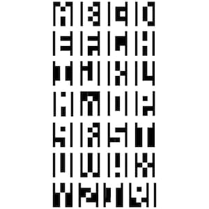 May include: Black and white pixel art design featuring a variety of letters, including M, B, D, H, A, W, and L.