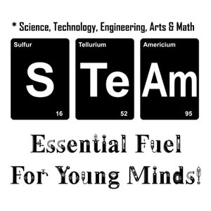 May include: Black and white graphic with the word "STEAM" spelled out using the chemical symbols for Sulfur, Tellurium, and Americium. The text "Essential Fuel For Young Minds!" is below the symbols.