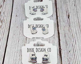 Ghost Earrings, Ghost, Book, Book Ghost, Ghost with Book, Earrings, Stud Earrings, Halloween, Halloween Earrings, Halloween Ghost, Booktok