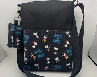Dog walking bag with poop bag dispenser. Snoopy Rebel with Paws
