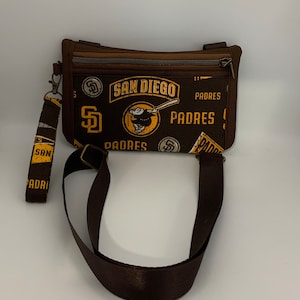 Waterproof canvas cellphone crossbody bag with wrist key lanyard. San Diego Padres